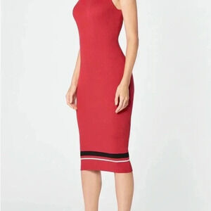 JustFab Red‎ Black Striped Ribbed Bodycon Dress Women’s Small Long NWT